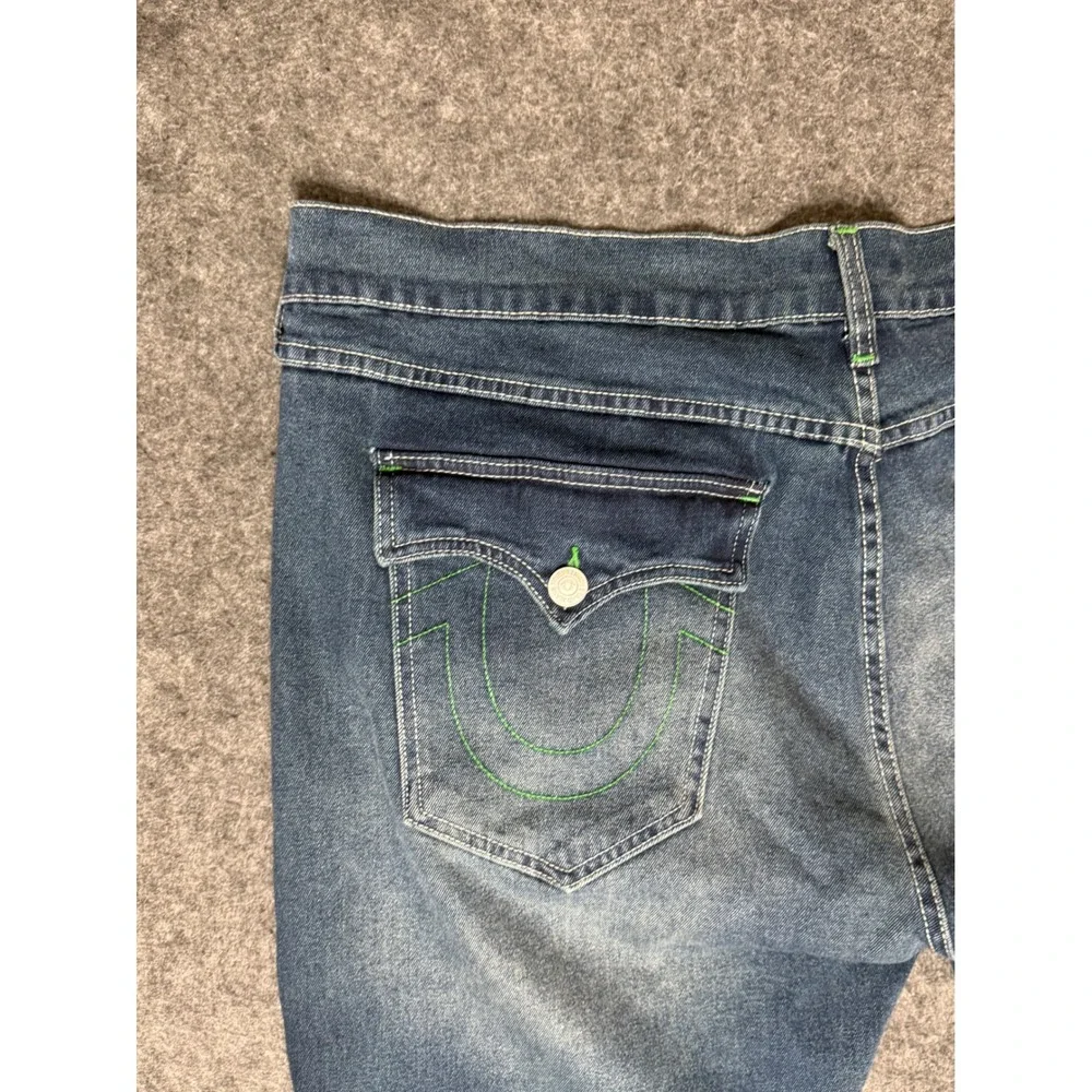 True Religion Ricky Relaxed Straight Jeans Mens 42 Blue Denim Neon‎ Green Stitch